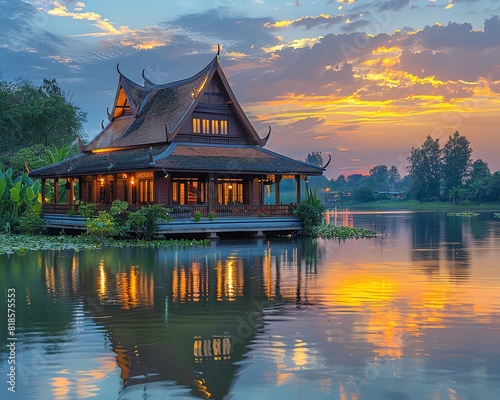 A beautiful lakeside house with a view of the sunset