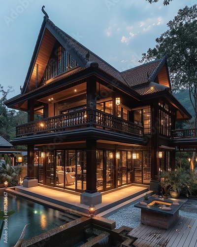 Design a modern Asian style house with natural materials. The house should have a lot of open space and natural light. The house should be located in a tropical setting. © Nattapat