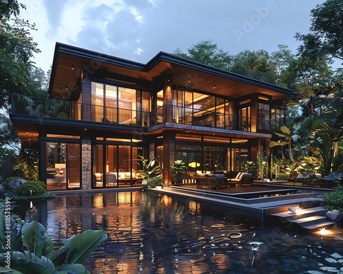 Photo of a beautiful two-story house with a pool. The house is made of wood and has a modern design. The pool is surrounded by lush greenery.