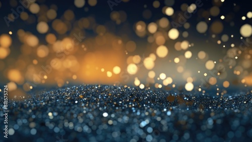 Close up of golden glitter on a textured blue surface. A blue and gold background with sparkles scattering around on the floor with blurring background. Festive and luxury background concept. AIG35.