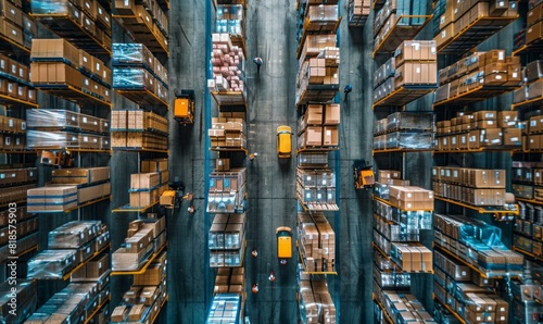 Top view of a modern warehouse with workers and forklifts. AI.