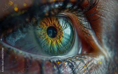 Eye of a person with a reflection of a building in the pupil. AI.