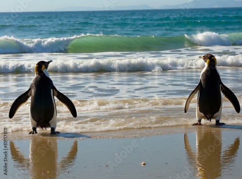 Two penguins walking on the beach with the ocean in the background. AI.