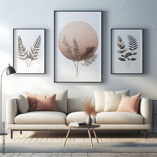 A couch with a coffee table and art on the wall used for printing card design realistic used for printing. photo