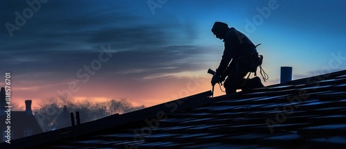 Silhouette of a roofer working on a roof at sunset. Beautiful evening sky with vibrant colors and a serene atmosphere.
