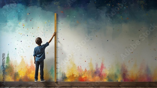 Young boy painting colorful mural on wall, expressing creativity and imagination in art. Inspirational and artistic concept for stock photo. © AcousticGal