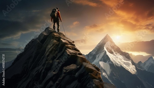 A climber reaches the summit at sunrise, standing triumphantly on a rocky peak with a stunning snow-capped mountain in the background.