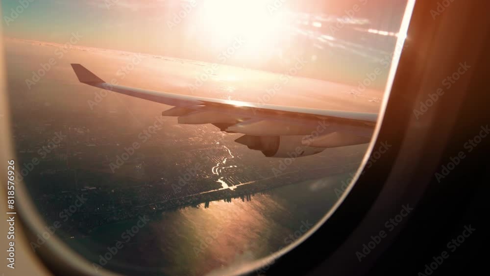 Beautiful aerial view of Miami cityscape from airplane window flying over city. Airplane landing in Miami 4k