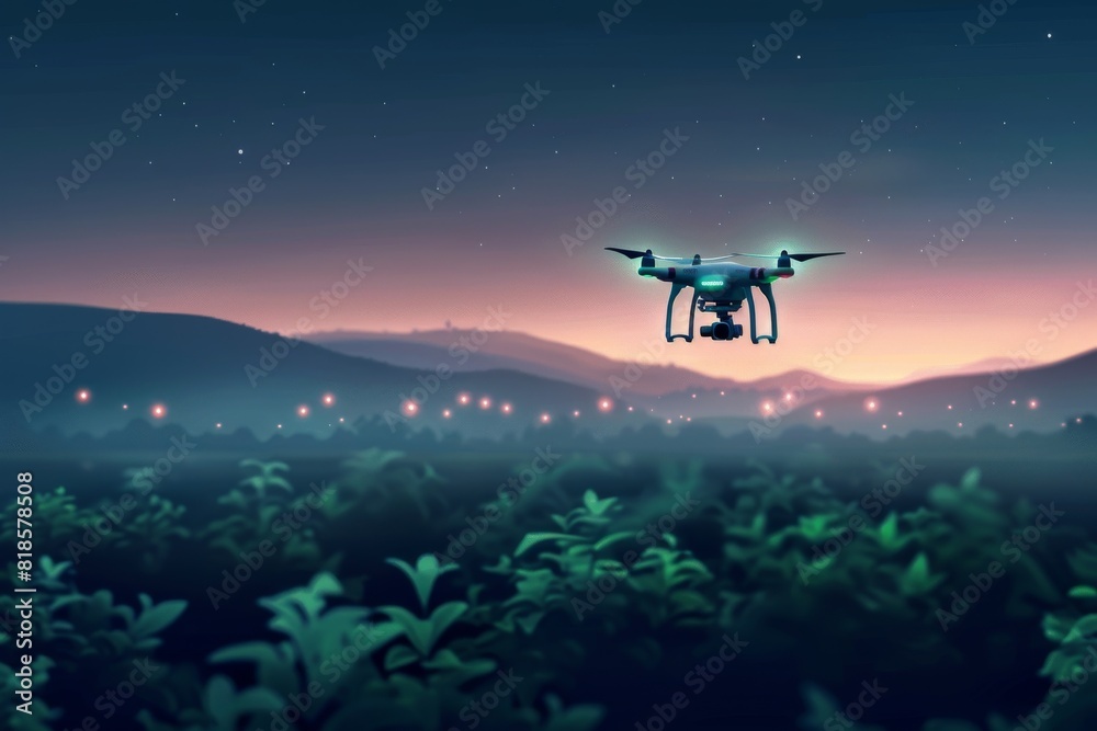 farming tech with smart isometric drones, efficient crop protection, precision agriculture, aerial pesticide application, and robotic field survey