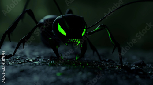 Glowing Antagonist: Angry Black Ant in 3D. Generative AI photo