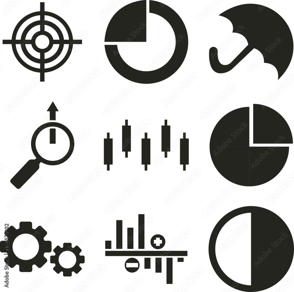 Comprehensive stock market icon set, encompassing, charts, currencies ...