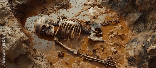 Highly Detailed D Rendered Skeleton Unearthed in a Muddy Excavation Site