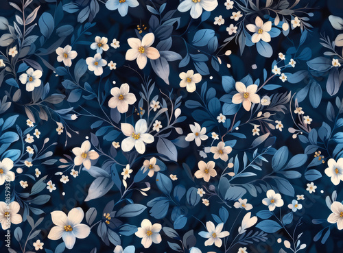 seamless pattern in the form of a small floral pattern on a blue background. Small beige flowers and leaves. Vintage, simple and elegant pattern for fashionable prints