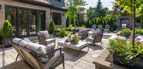 Extravagant outdoor living space boasting a sophisticated patio design with upscale amenities and exquisite details. 