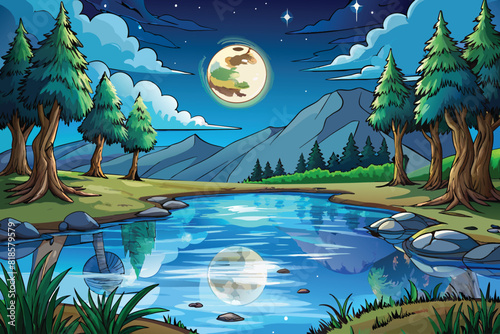 A tranquil, moonlit scene of a serene, mirror-like lake, with the reflection of the full moon shimmering on the calm water  vector illustration.AI GENERATED