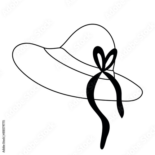Summer hat with bowknot, straw hat from the sun, vacation at the sea, sun protection, beach wear, doodle style black and white.