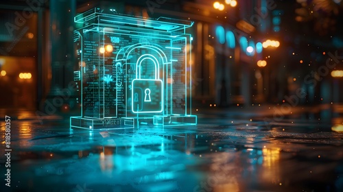 A 3D hologram projection of a bank was projected from above onto the floor.a light blue neon color with a white glow and a padlock icon inside. 