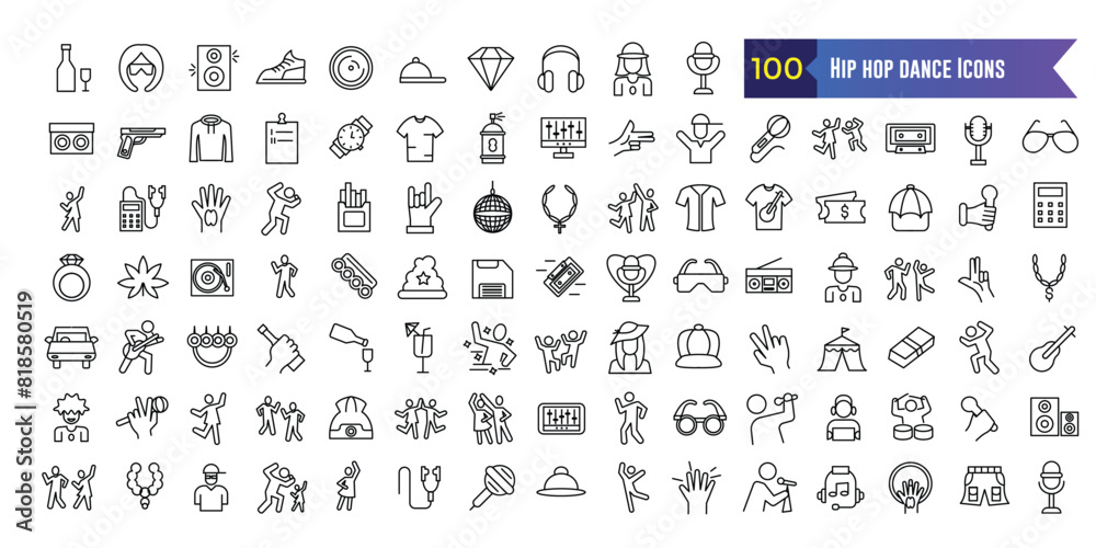 Hip hop dance icon set. Outline set of hip hop dance vector icons for ui design. Outline icon collection. Editable stroke. Hip hop dance icon set. Outline set of hip hop dance vector icons for ui design. Outline icon collection. Editable stroke.