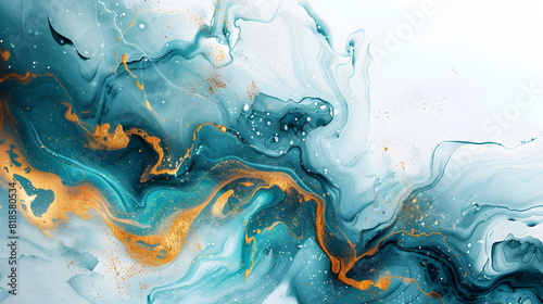 Abstract marbled paper texture, ink paint background illustration, Blue marble and gold abstract background texture. Indigo ocean blue soft pastel blue color and gold lines, with fluid watercolor flui photo