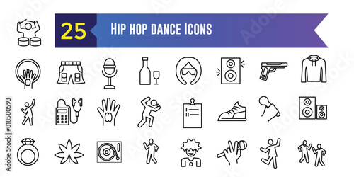 Hip hop dance icon set. Outline set of hip hop dance vector icons for ui design. Outline icon collection. Editable stroke.