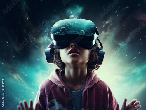 Young cute toddler Child playing with virtual reality headset. Exploring 3d virtual reality in space game © A B design