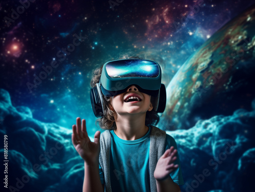 Young cute toddler Child playing with virtual reality headset. Exploring 3d virtual reality	in space game