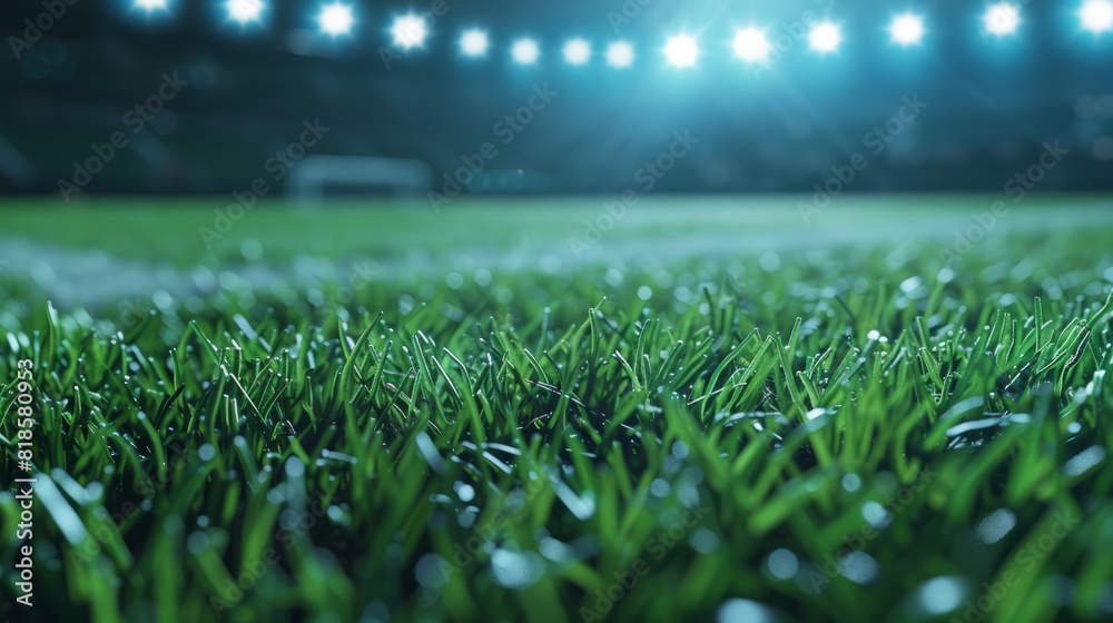 Football, soccer match. Grass close up. Night event lights on the stadium.