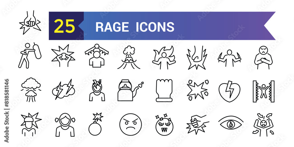 Rage icons set. Outline set of rage vector icons for ui design. Outline icon collection. Editable stroke.
