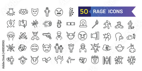 Rage icons set. Outline set of rage vector icons for ui design. Outline icon collection. Editable stroke.