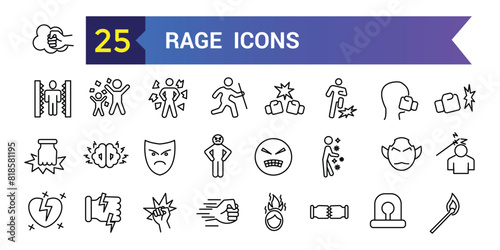 Rage icons set. Outline set of rage vector icons for ui design. Outline icon collection. Editable stroke.