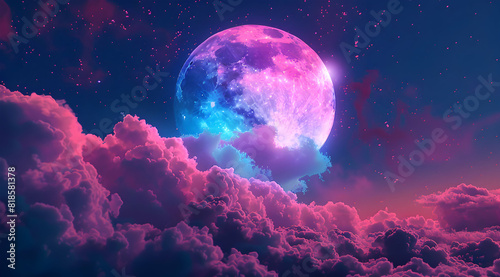 a beautiful pink and blue moon in the sky  surrounded by stars