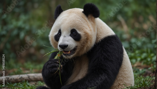 A panda bear is sitting on the ground eating bamboo. The panda is black and white with a round face and fluffy ears. It is sitting in a forest with green trees and plants all around.  