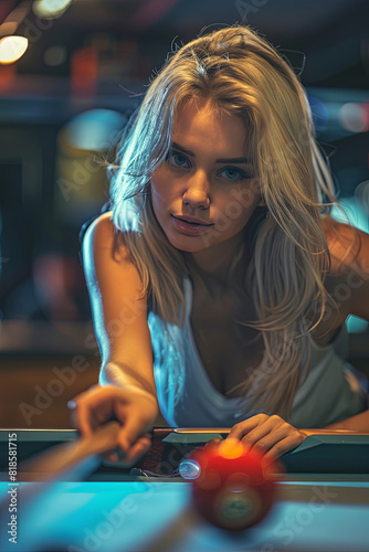 Beautiful girl playing billiards in a club, demonstrating skill and elegance photo