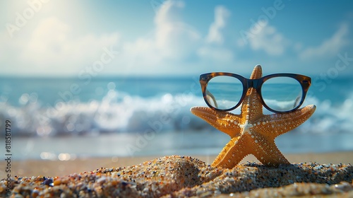 Summer time concept with a starfish and glasses on a seashore beach background © Rosie