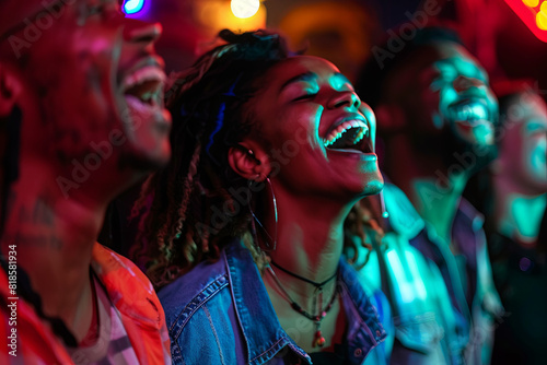 People singing their hearts out at a karaoke bar, radiating joy and a love for entertaining others photo