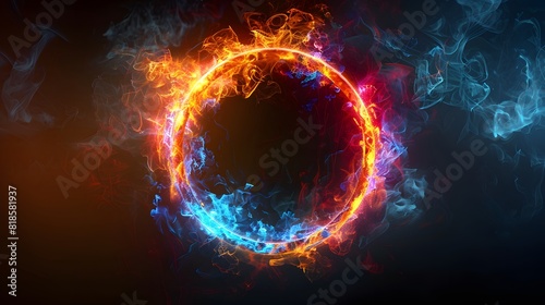 A glowing colorful ring of fire on black background  with the letter O in center  red and blue flames swirling around it  creating an enchanting atmosphere. 