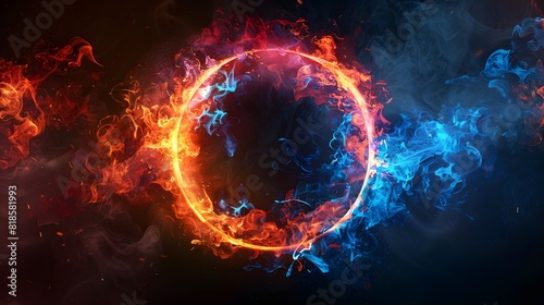 A glowing colorful ring of fire on black background, with the letter O in center, red and blue flames swirling around it, creating an enchanting atmosphere. 