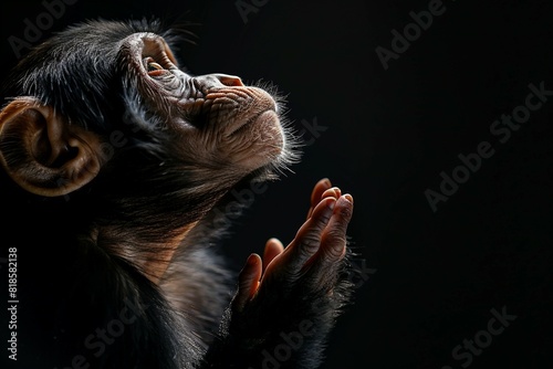 a close up of a monkey with its hands in the air