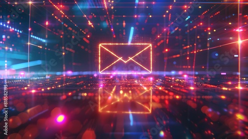 A glowing e mail icon floating in the center of an abstract grid with colorful light streaks . 