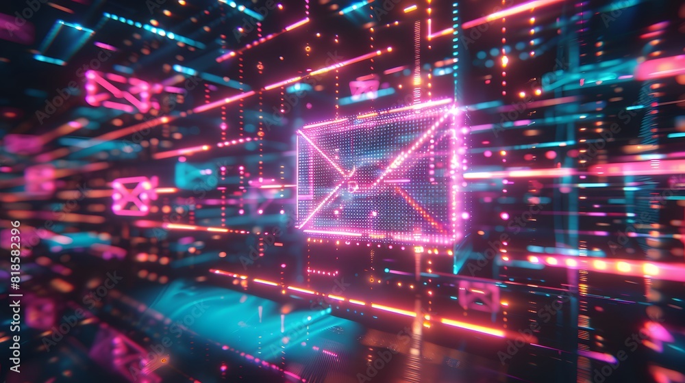 Fototapeta premium A glowing e mail icon floating in the center of an abstract grid with colorful light streaks . 