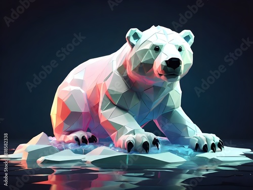 low poly 3d illustration of Polar bear neon theme with aura of Fire and Water above ice block black background photo