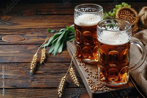 Oktoberfest beer served with wheat and hops, presented on a rustic wooden table