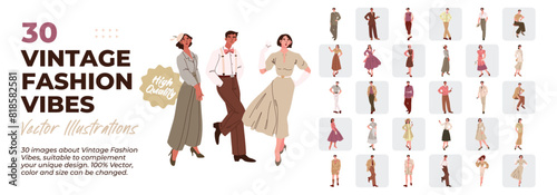 Collection of vintage fashion bundles, men's suits, women's dresses, vintage clothing concept illustrations. A set of illustrations of people in vintage costumes. Vector flat illustration.