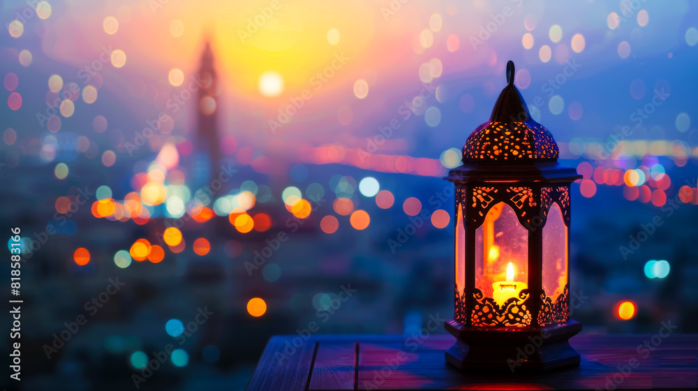 Ramadan Lantern on Table with Eastern City View

