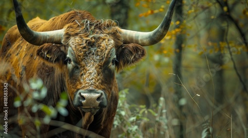 A bull with bangs in the forest during the daytime