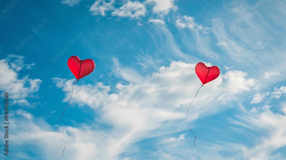 Two red heart shaped kites on a blue sky with white clouds