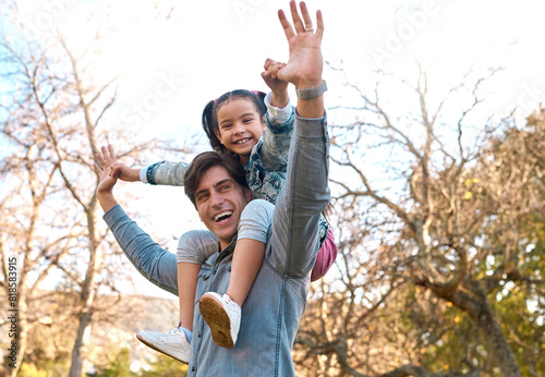 Portrait, girl and father in park for piggyback, playing and bonding together with smile. Happy family, parent or dad with daughter outdoor in nature for motor skills, recreation or physical activity © peopleimages.com