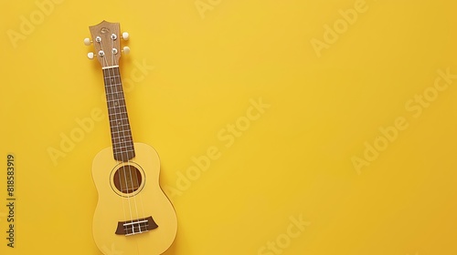 White colored wooden ukulele guitar on the yellow background photo