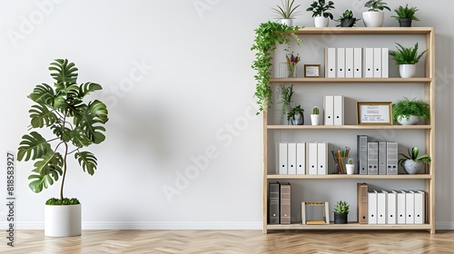 A light wooden bookcase with white sleeves and colour collars  placed on the right side of an empty wall.  The shelf is filled with various office supplies. 