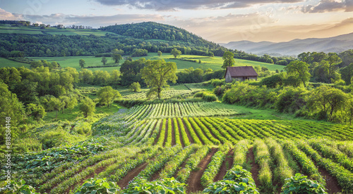 Aerial view of a diverse biodynamic farm showcasing crop rotations, green cover crops photo